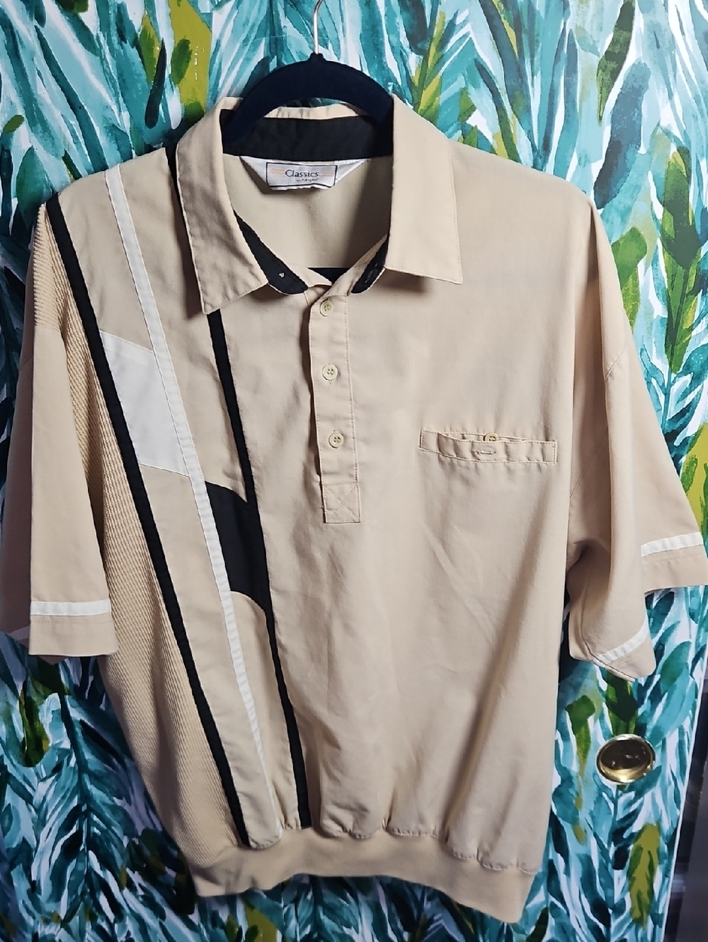 Vintage Classics By Palmland Beige Short-Sleeve Polo with Black & White Stripes